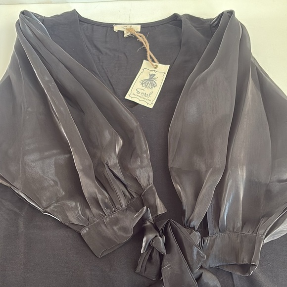 Easel black v-neck sheer shiny 3/4 sleeve mixed media rounded hem blouse shirt - Picture 16 of 16